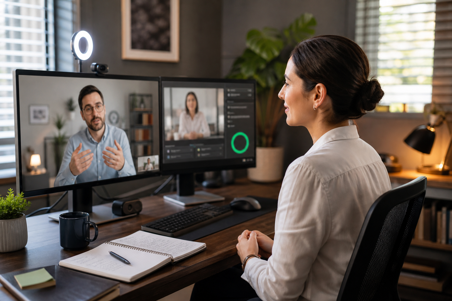 Woman practicing mock interview with AI prep tool at desk