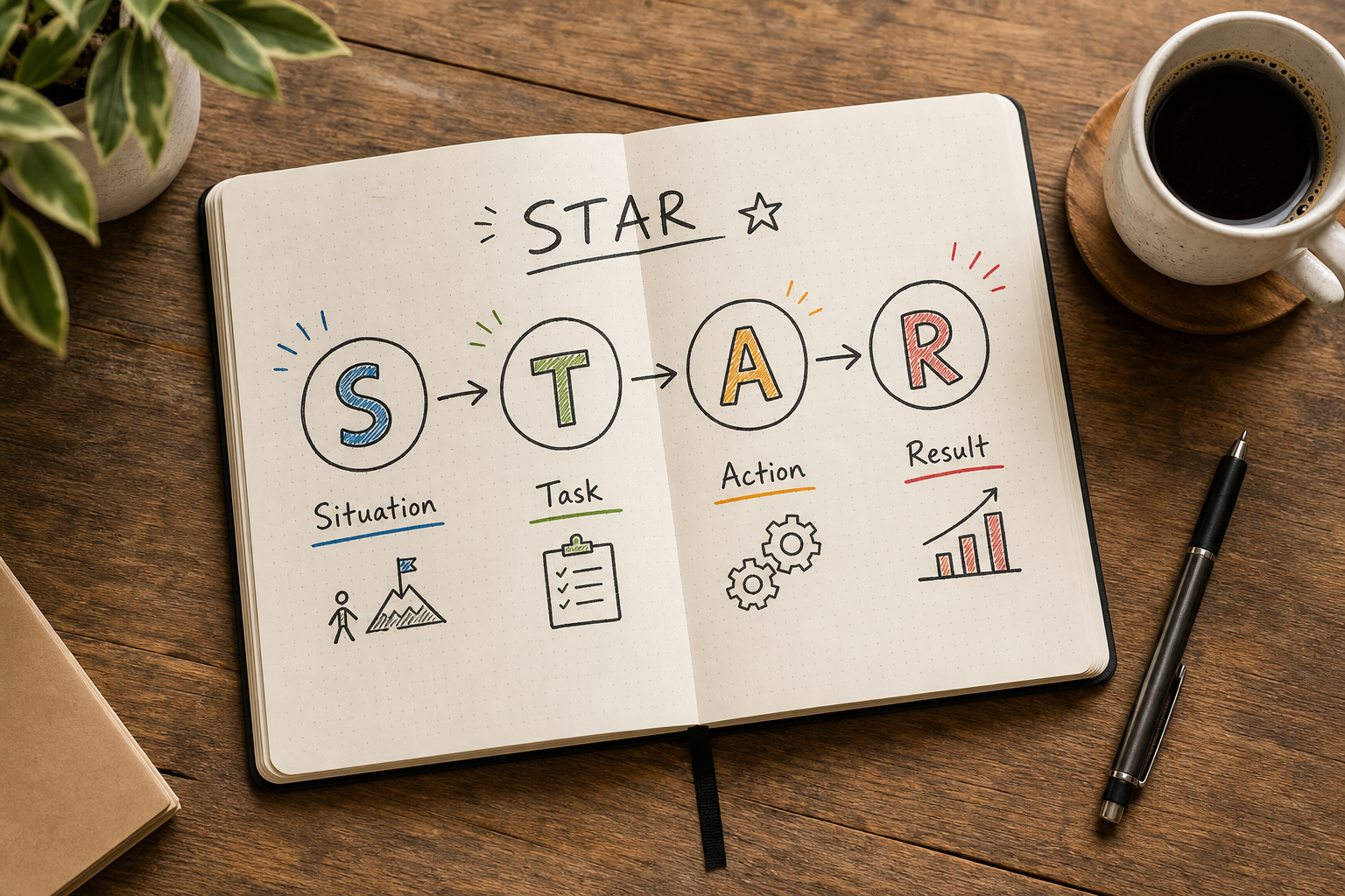 Notebook with STAR method interview answer structure diagram