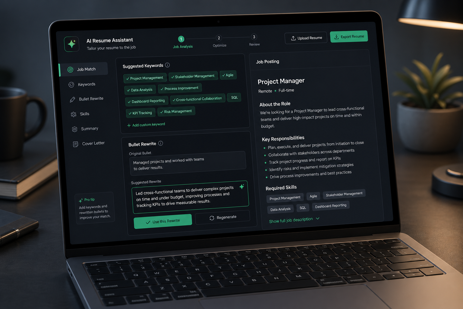 AI resume tool suggesting keywords and edits beside a job description