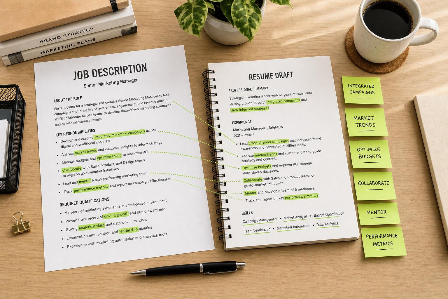 Job description with highlighted keywords mapped to resume bullet points