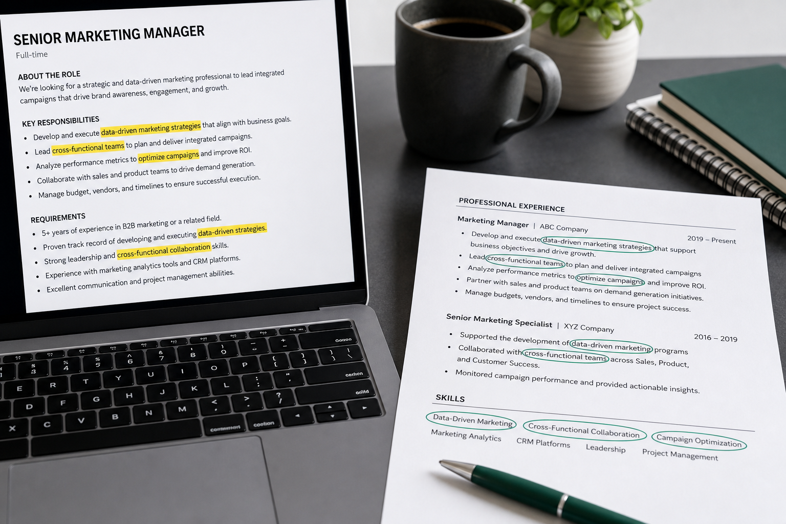 Professional tailoring a printed resume to match a job description on a laptop